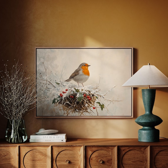 European Robin On Snowy Nest With Holly Winter Bird Art Poster