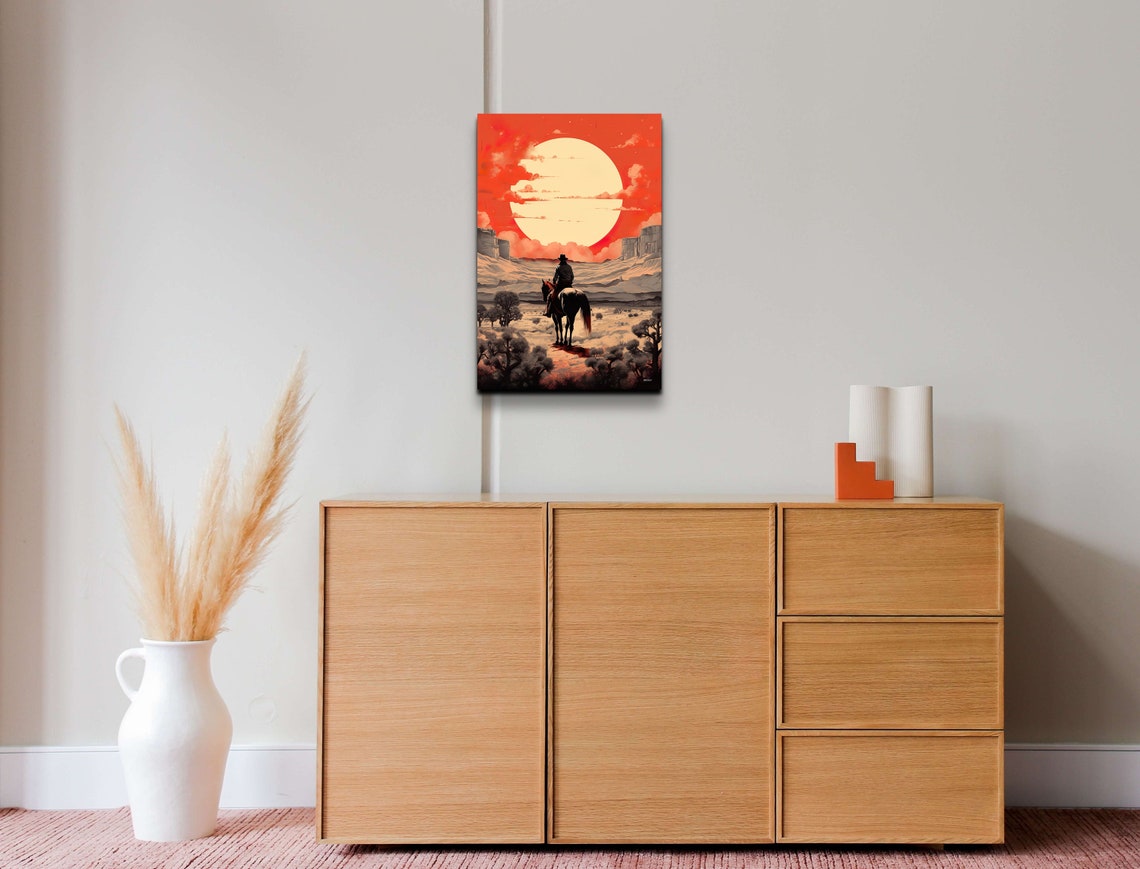 Cowboy Riding Into The Sunset Desert Giant Red Sun Scene Poster - Image 5