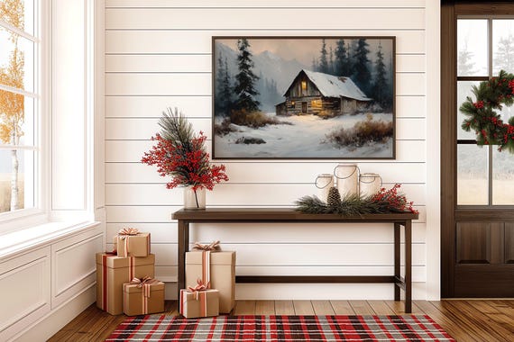 Cozy Winter Cabin Canvas Wall Art Rustic Log House In Snowy Forest Warm Mountain Lodge Painting Print For Farmhouse Holiday Dcor