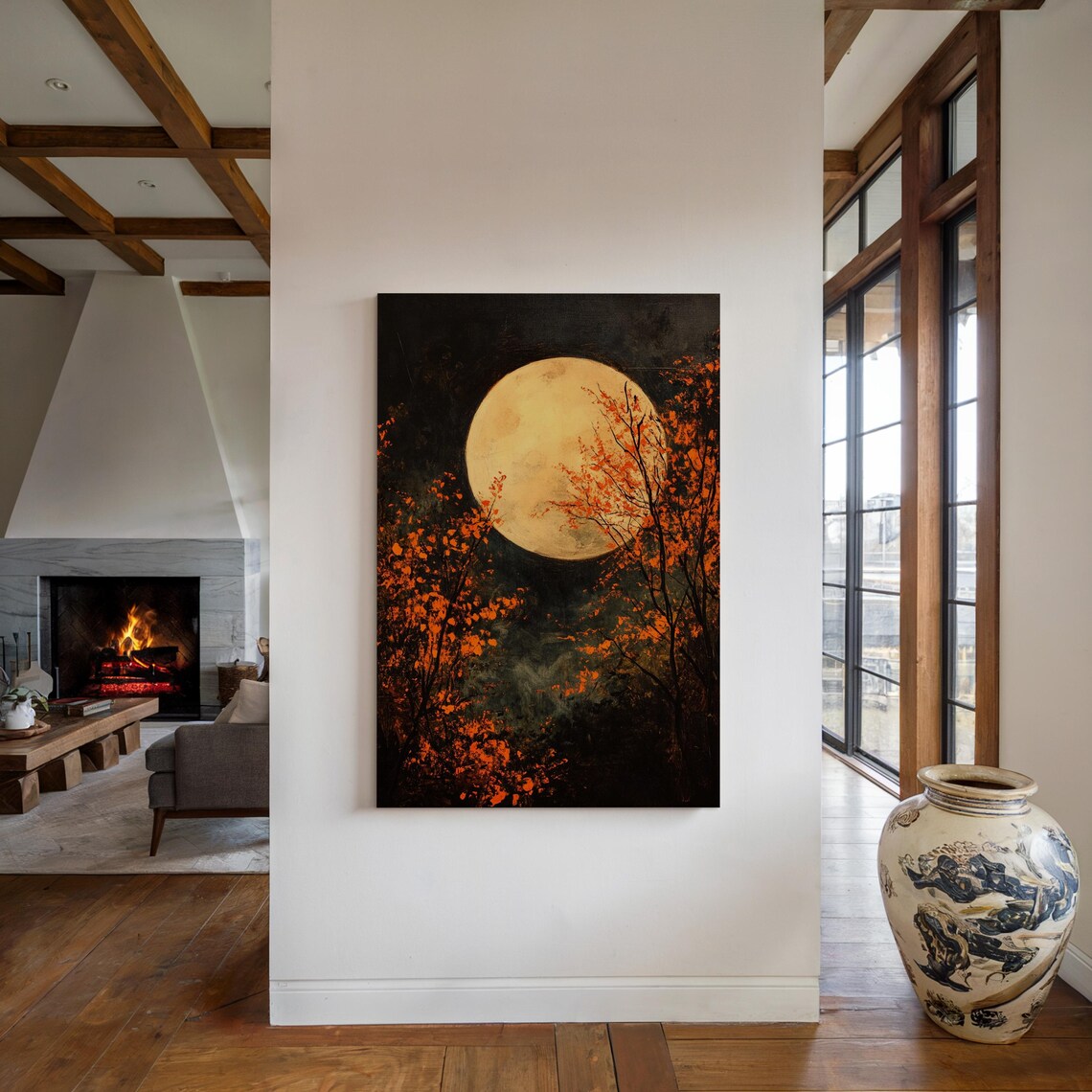 Full Moon With Autumn Trees, Rustic Seasonal Art Print - Image 4