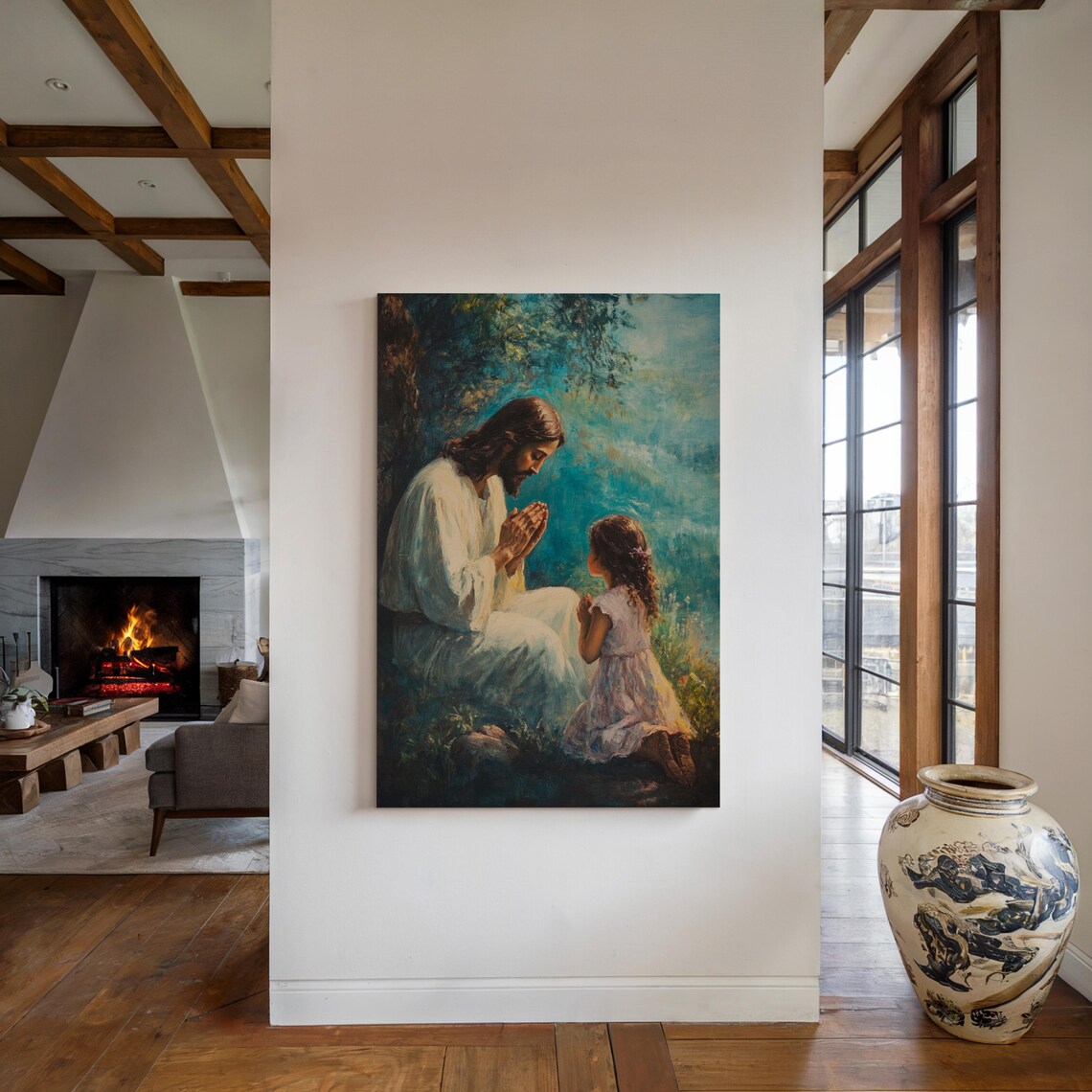 Jesus Kneeling in Prayer With a Little Girl in a Quiet Garden Poster - Image 4