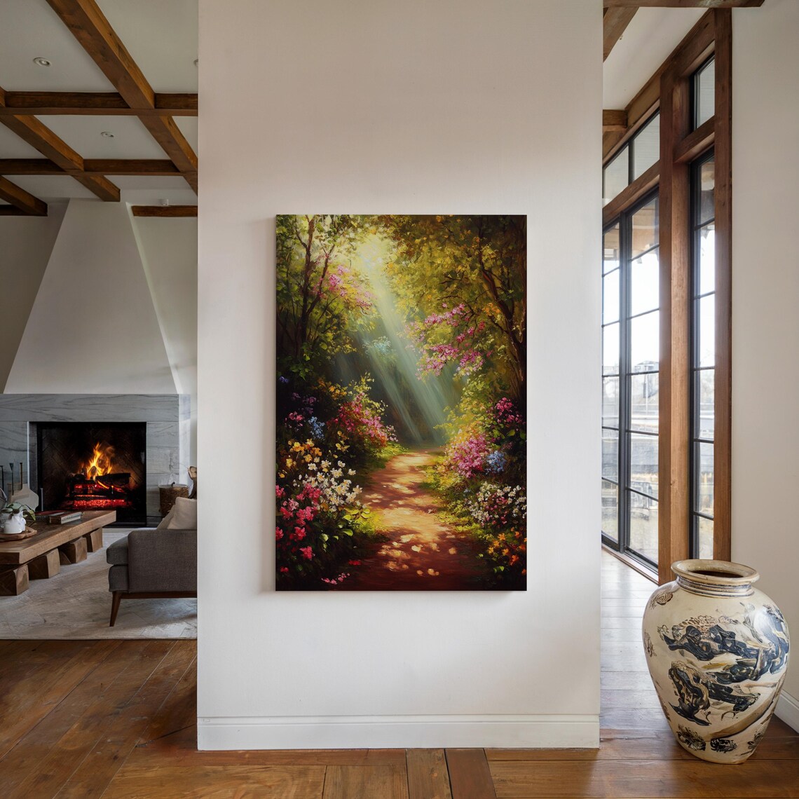 Golden Forest Path Art Print, Sunlit Woodland Scene - Image 4