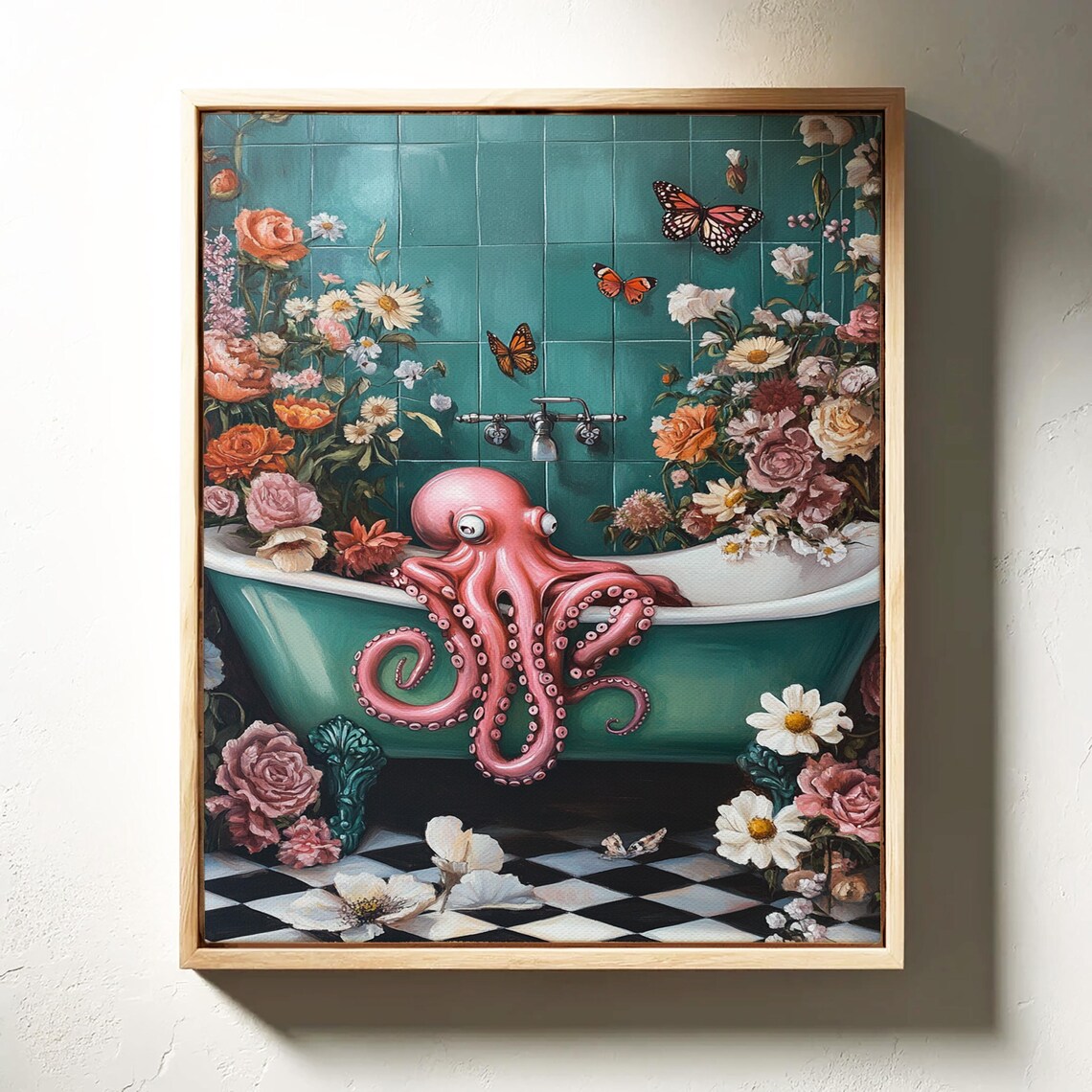 Whimsical Octopus In Floral Bathtub Surreal Wall Art For Bold Bathroom And Eclectic Home Dcor - Image 6