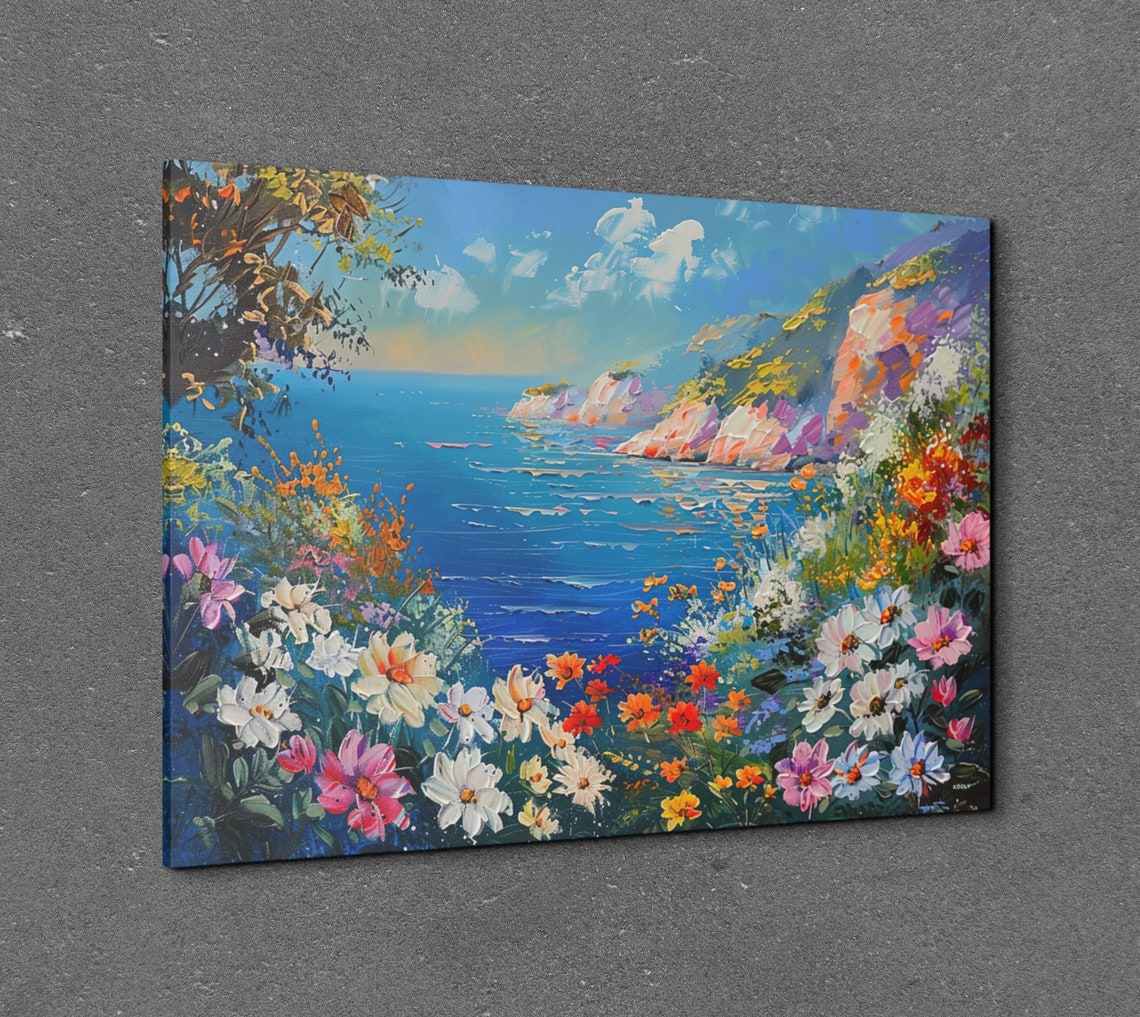 Wildflowers Above Blue Ocean Coastal Impressionist Art Poster - Image 3