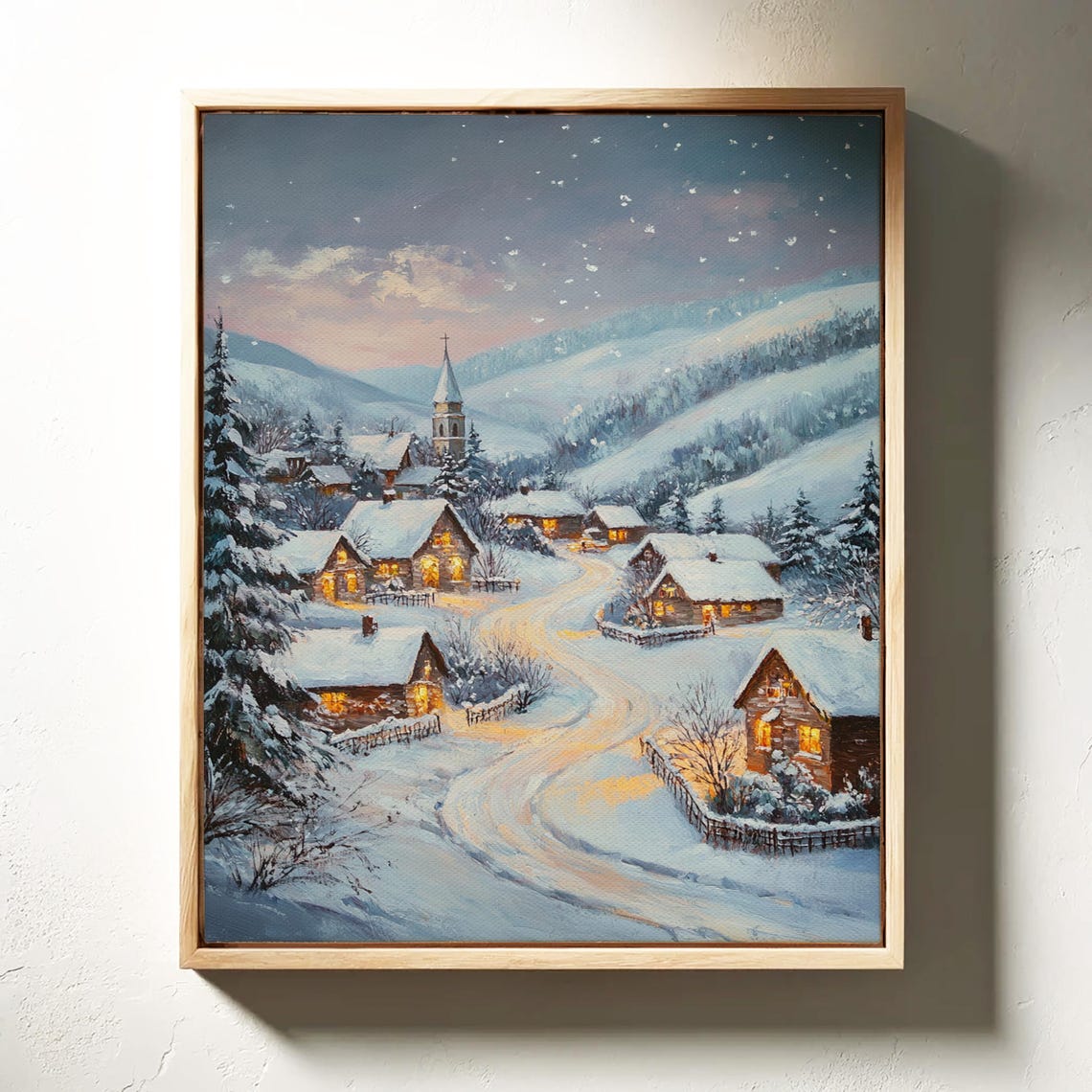 Snowy Village at Dusk With Church Glowing Windows Winter Night Poster - Image 4