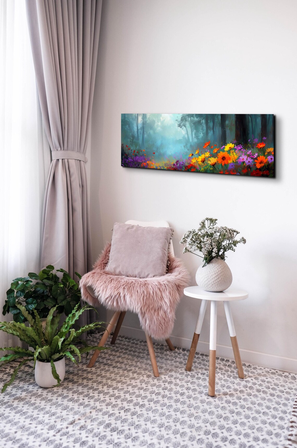 Misty Forest Wild Flower Landscape, Tranquil Art - Image 7