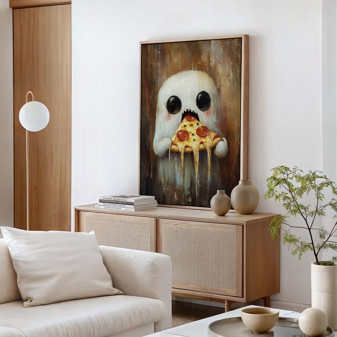 Cute Ghost Eating Pepperoni Pizza Funny Halloween Art Poster - Image 5