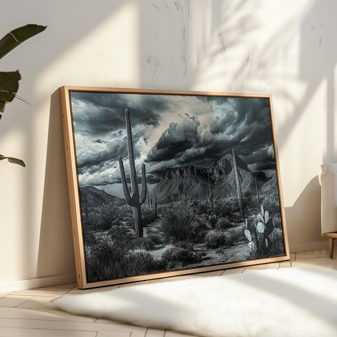 Moody Desert Wall Art Black And White Cactus Print Stormy Southwest Landscape Saguaro Cactus Mountain Scene Western Decor - Image 5