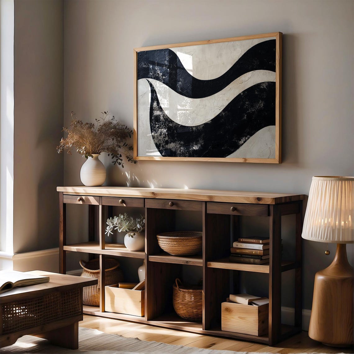 Monochrome Black and White Wavy Lines Abstract Minimalist Wall Art