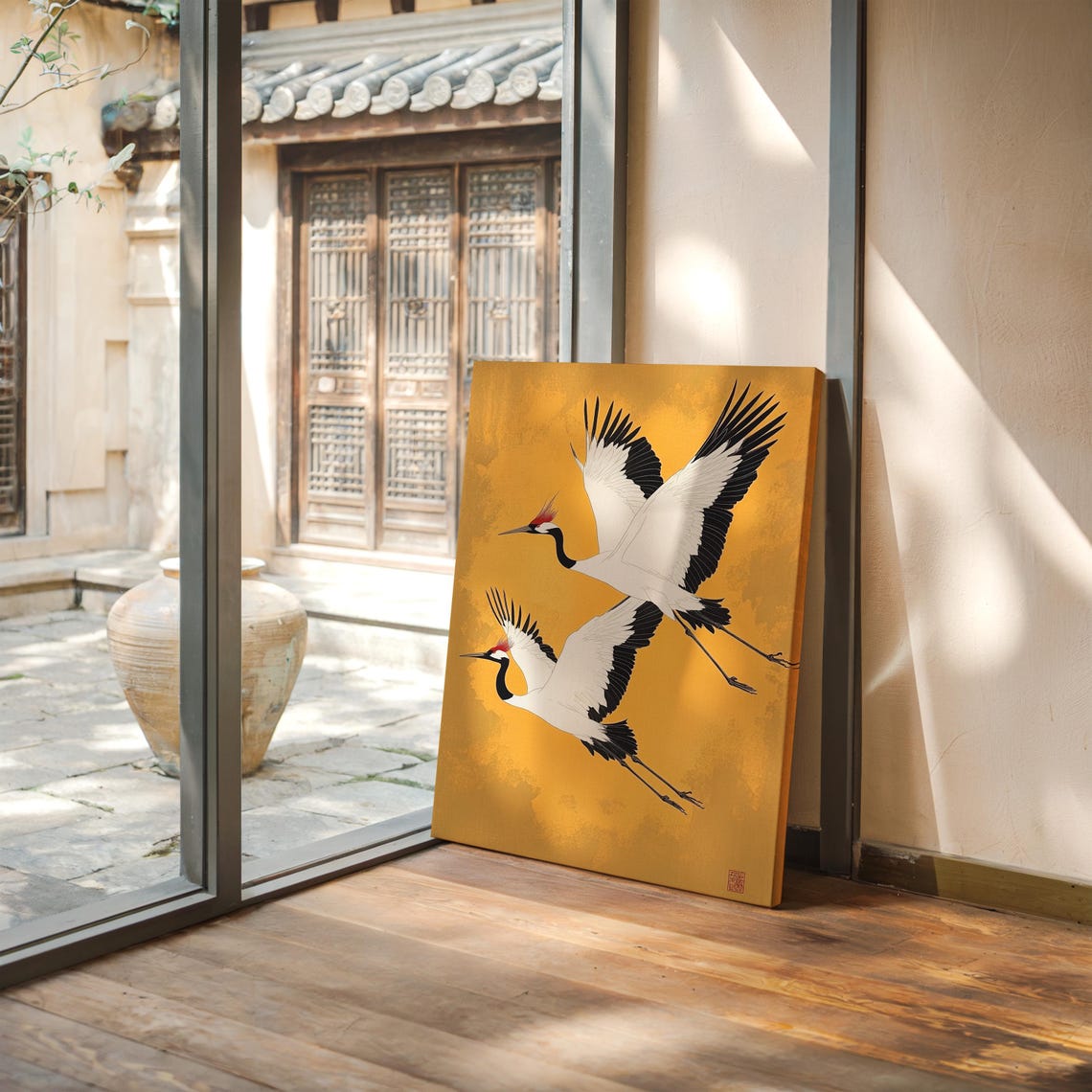 Pair of Red Crowned Cranes Soaring on Gold Japanese Art Poster - Image 2