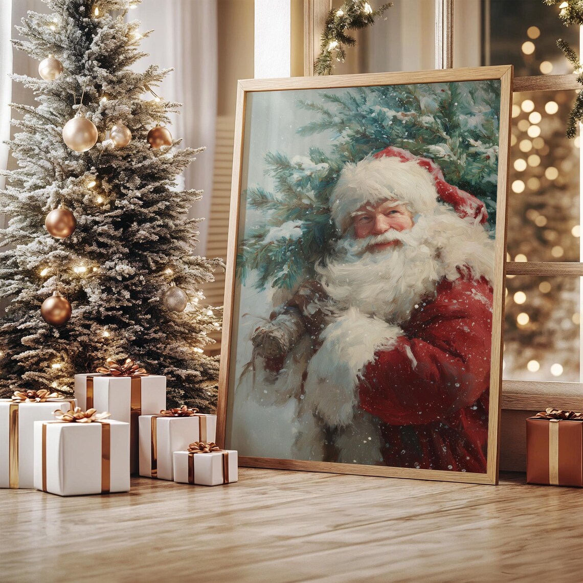 Santa Claus Carrying Christmas Tree, Wall Art Print