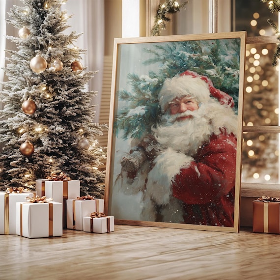 Santa Claus Carrying Christmas Tree, Wall Art Print