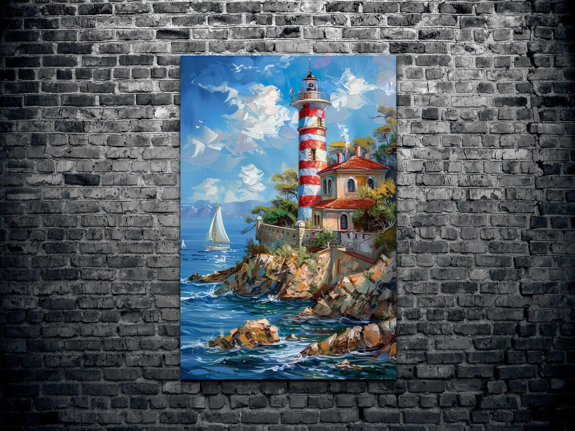 Striped Lighthouse on Rocky Cliff With Sailboats Seaside Poster - Image 2