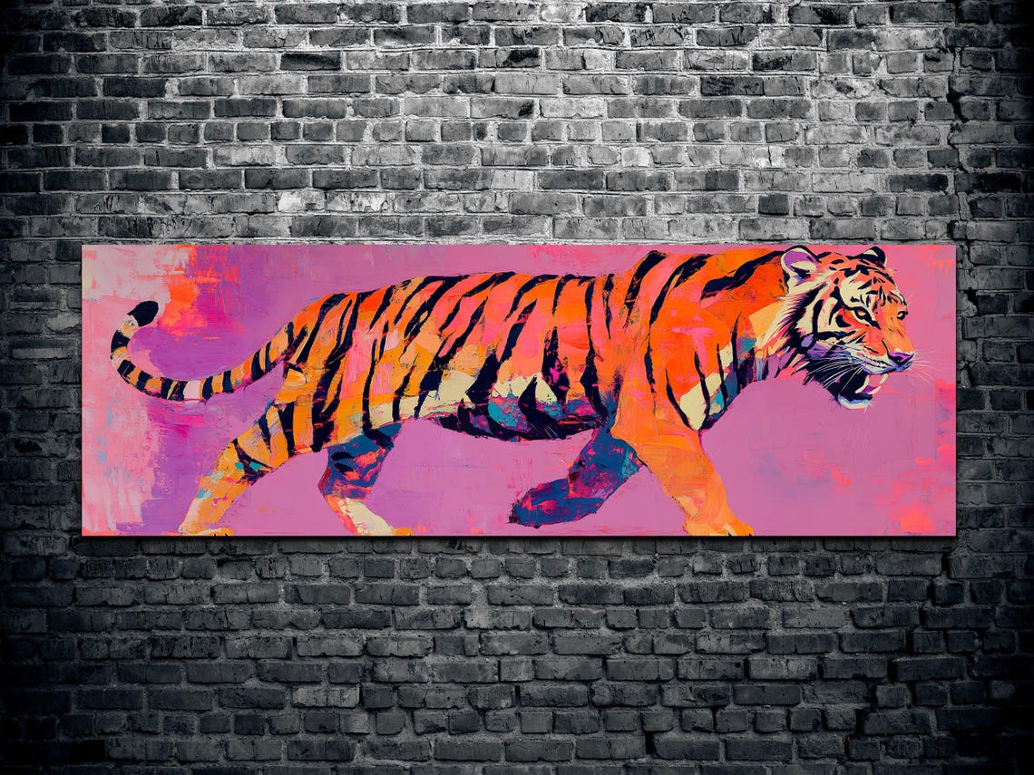 Bold Orange Tiger Pink Pop Art Panoramic Wildlife Painting Poster - Image 2