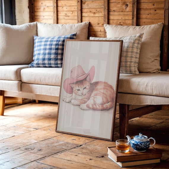 Cowgirl Cat In Pink Cowboy Hat Orange Tabby Illustration Poster