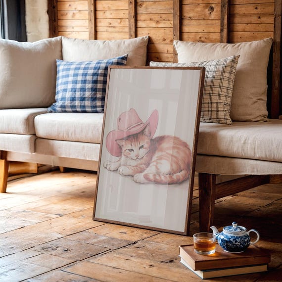 Cowgirl Cat In Pink Hat Illustration