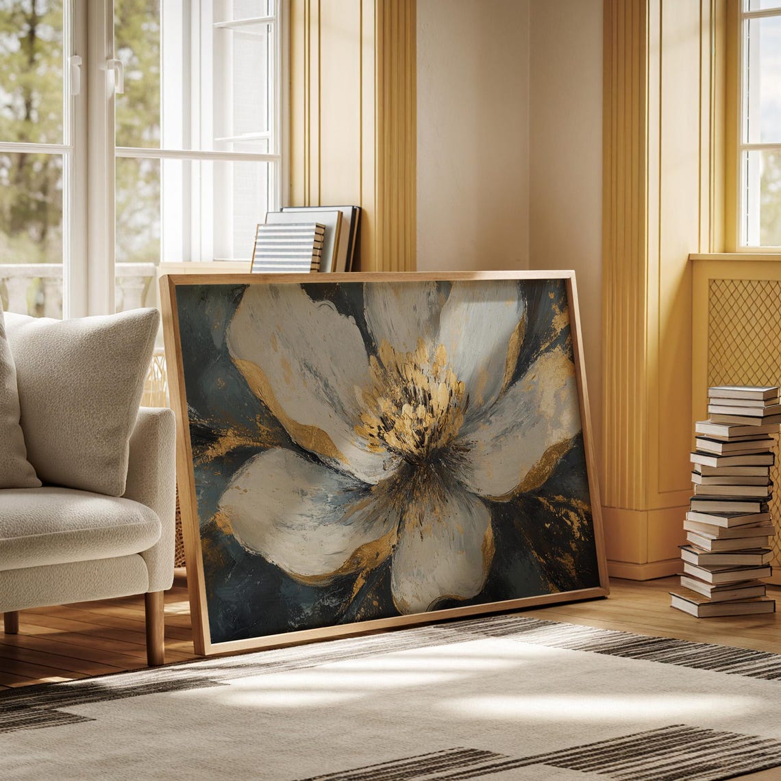 Abstract White And Gold Flower Art Textured Floral Dark Gray Poster