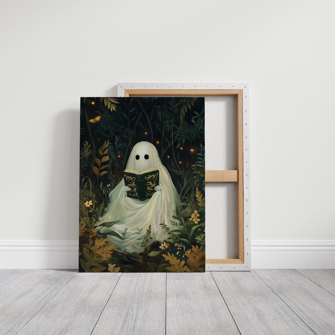 Whimsical Ghost Reading Ornate Book In Dark Forest Florals Wall Art - Image 3