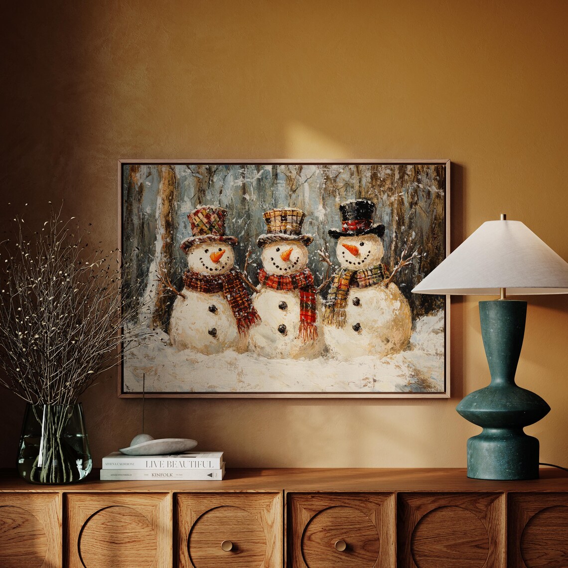 Snowman Trio With Top Hats And Plaid Scarves Winter Wall Art - Image 4