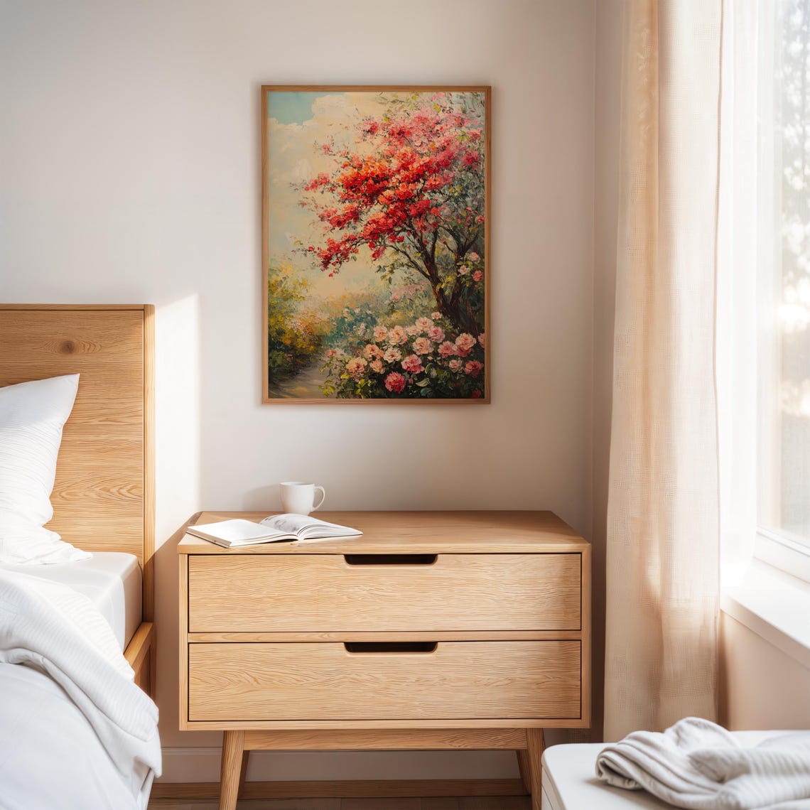 Red Blossom Tree With Pink Roses Impressionist Garden Scene Poster - Image 2
