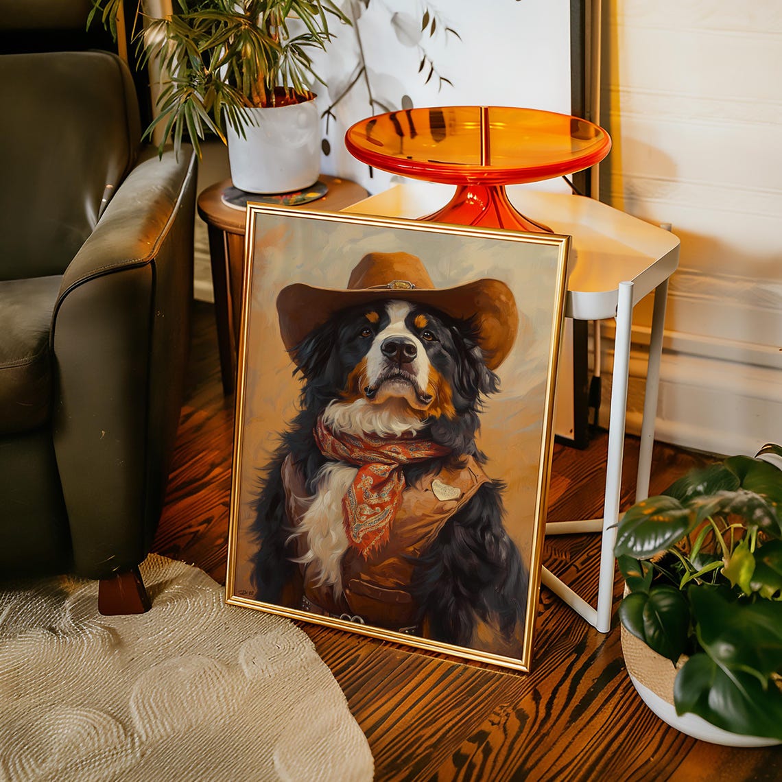 Bernese Mountain Dog Cowboy Sheriff Hat Red Paisley Scarf Poster