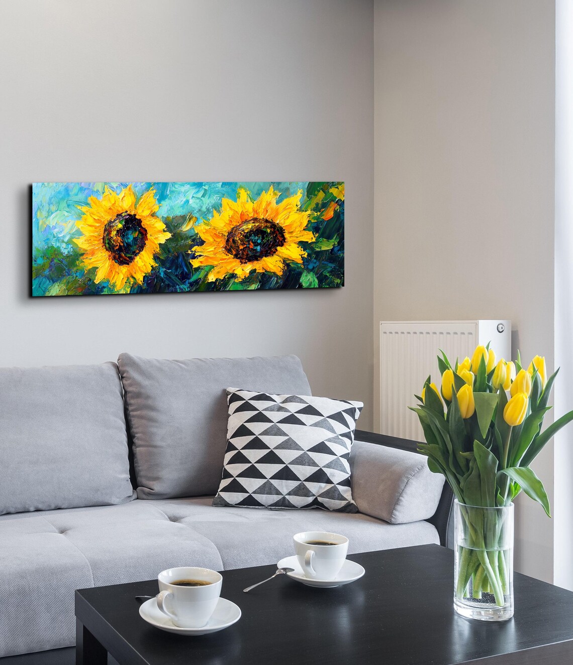 Sunflower Pair Teal Background Palette Knife Panoramic Art Poster - Image 6