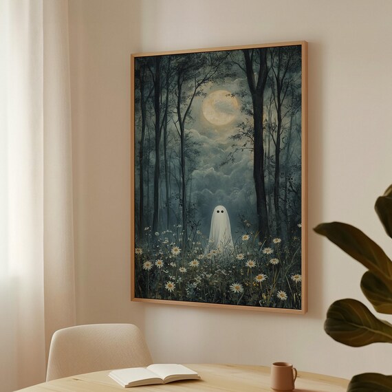 Cute Ghost In Moonlit Forest Full Moon Daisies Spooky Sweet Wall Art Poster