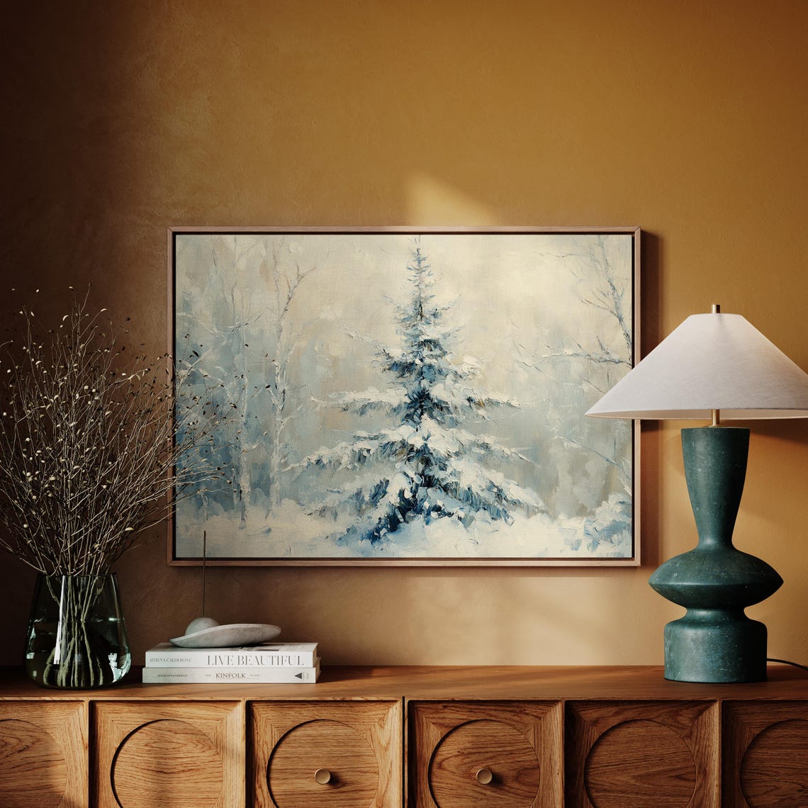 Tranquil Lone Snow Covered Pine Tree On Pale Winter Morning Wall Art - Image 4