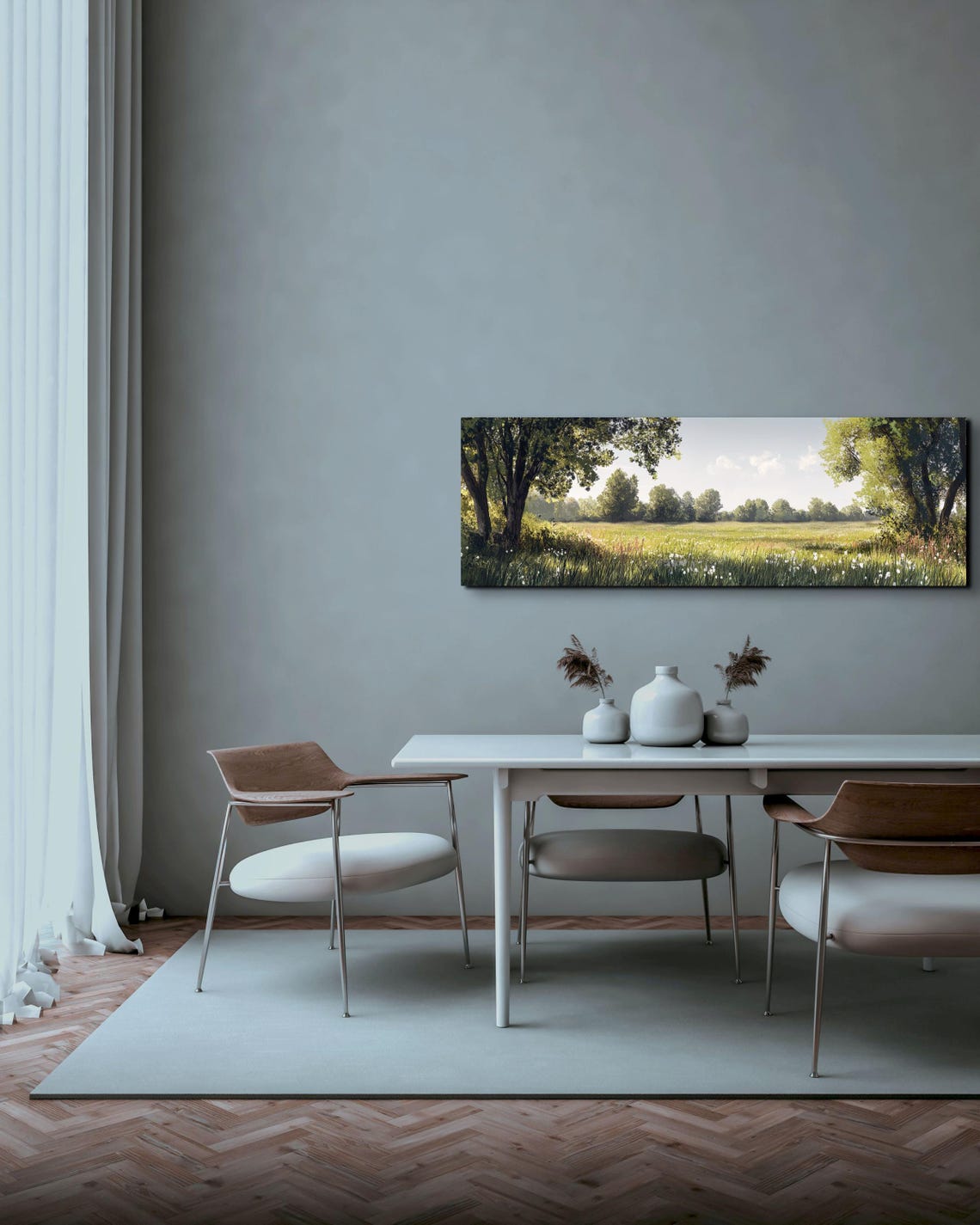 Serene Green Meadow Trees Tall Grass Panoramic Nature Poster - Image 6