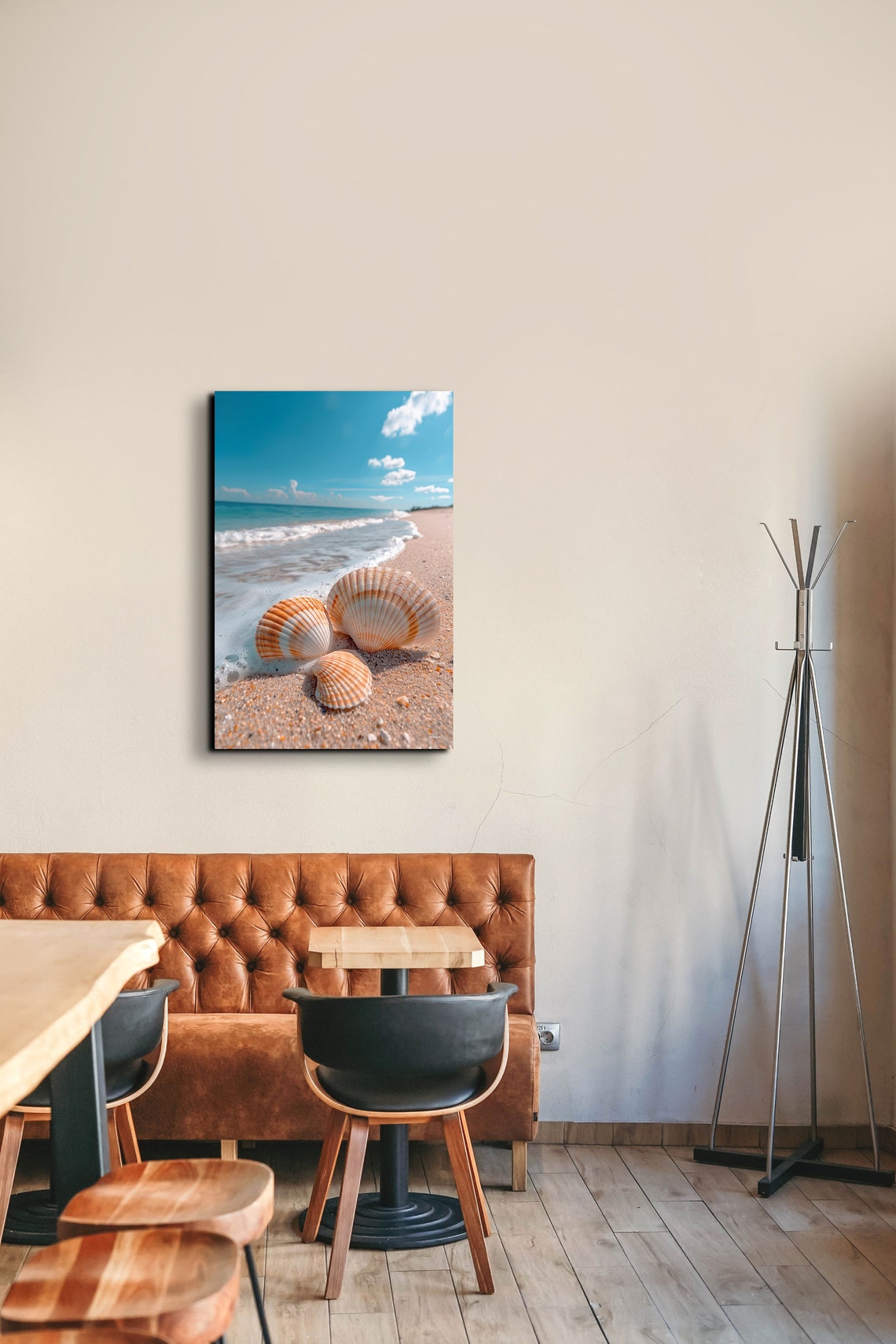 Three Scallop Seashells Arranged on Sand with Sea Foam Poster - Image 5