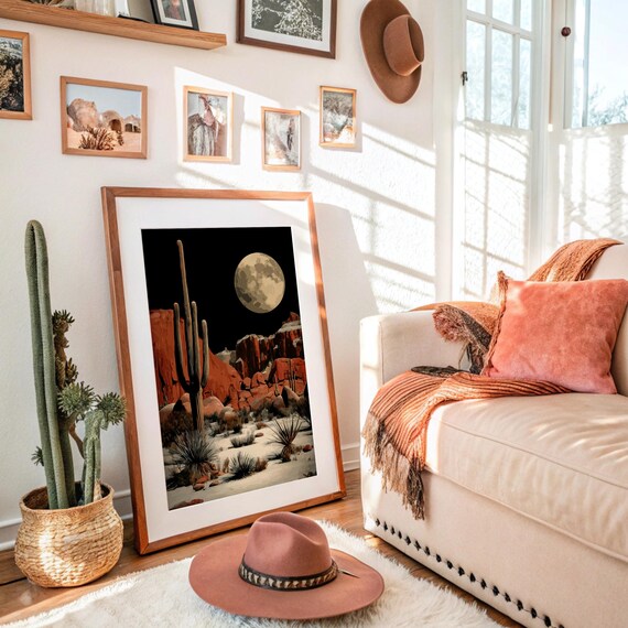 Full Moon Over Moonlit Desert Red Rock Saguaro Cactus Night Poster