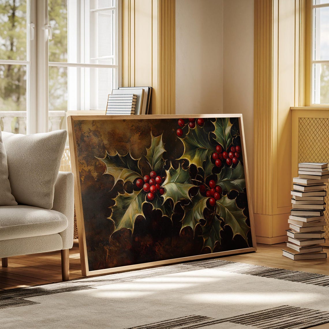 Vintage Holly Branches With Red Berries Dark Festive Holiday Wall Art - Image 7