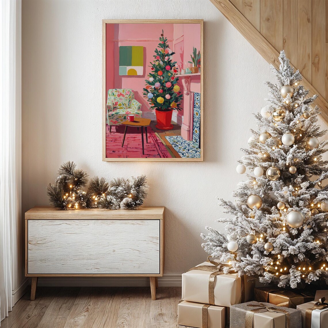 Colorful Christmas Tree, Cozy Living Room Art Print
