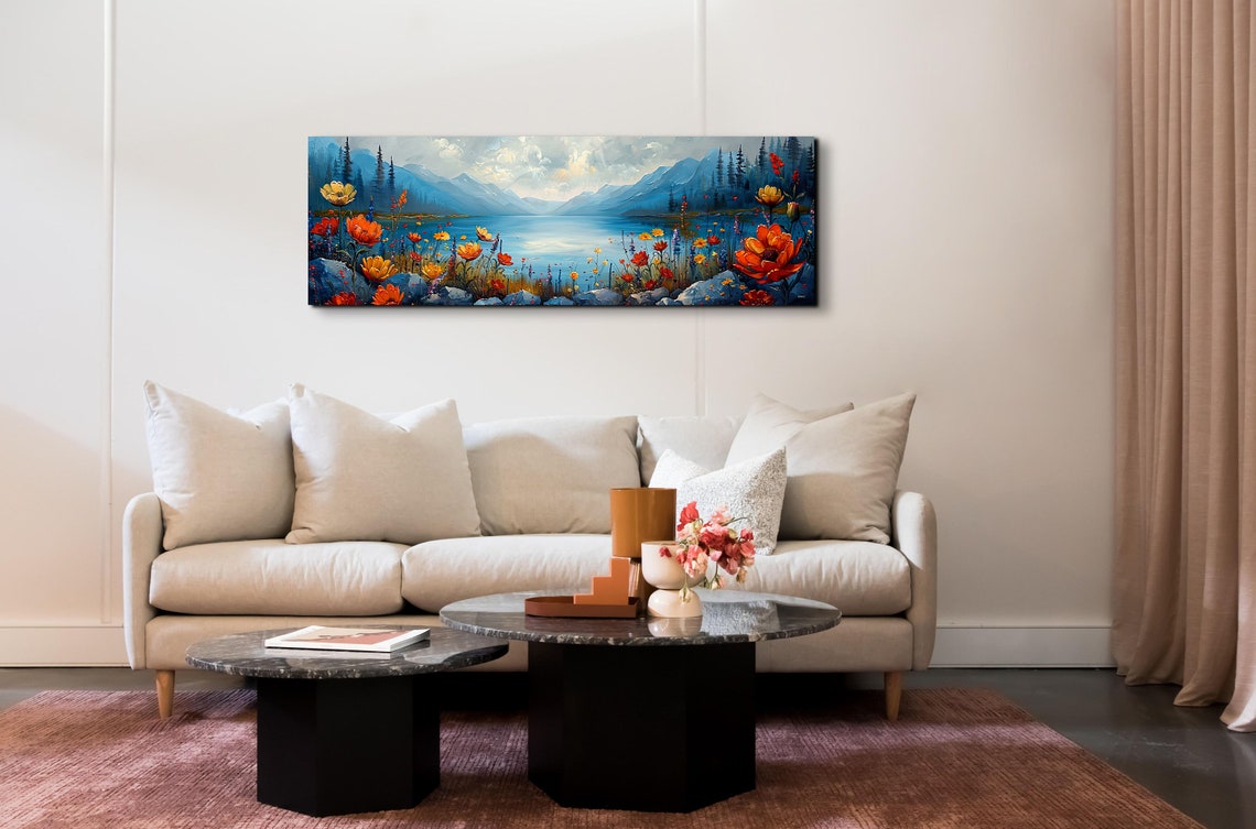 Bold Red Flowers by a Blue Mountain Lake in Acrylic Style Poster - Image 7
