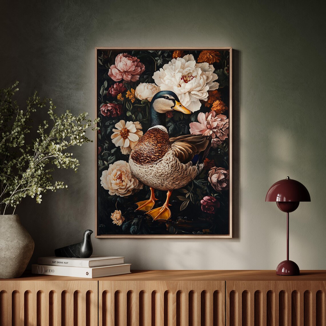 Charming Mallard Duck Among Peonies Vintage Floral Farmhouse Poster