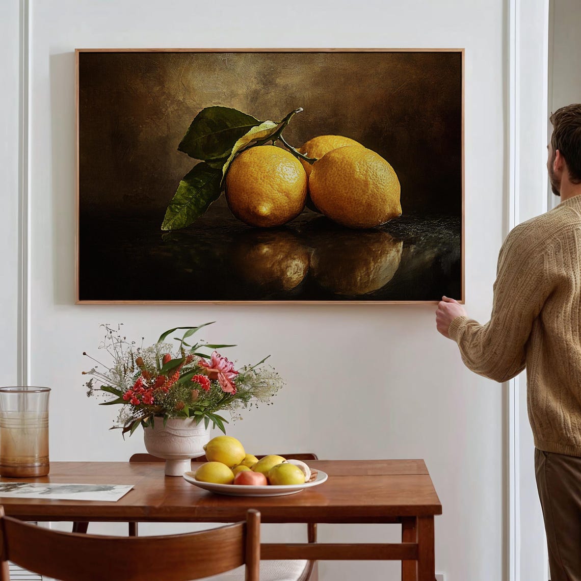 Three Lemons Still Life Painting on Dark Moody Background Poster - Image 2