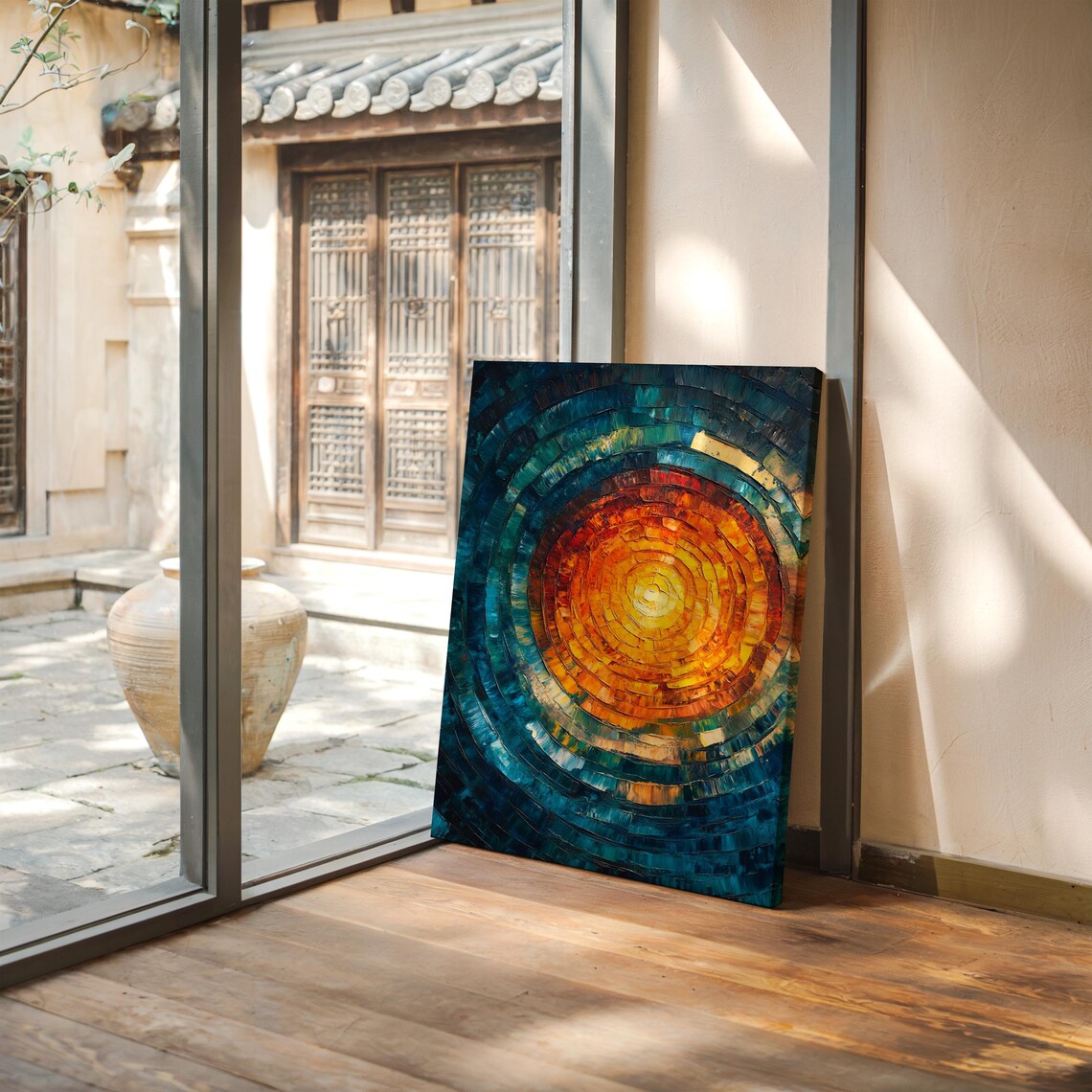 Radiant Sunburst Circular Abstract Oil Painting Fiery Orange Poster - Image 4