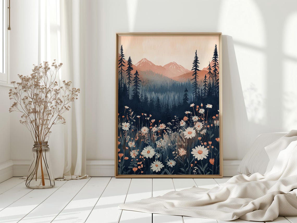 Serene Mountain Landscape With Daisies And Evergreen Trees Tranquil Nature Art For Home Decor - Image 3