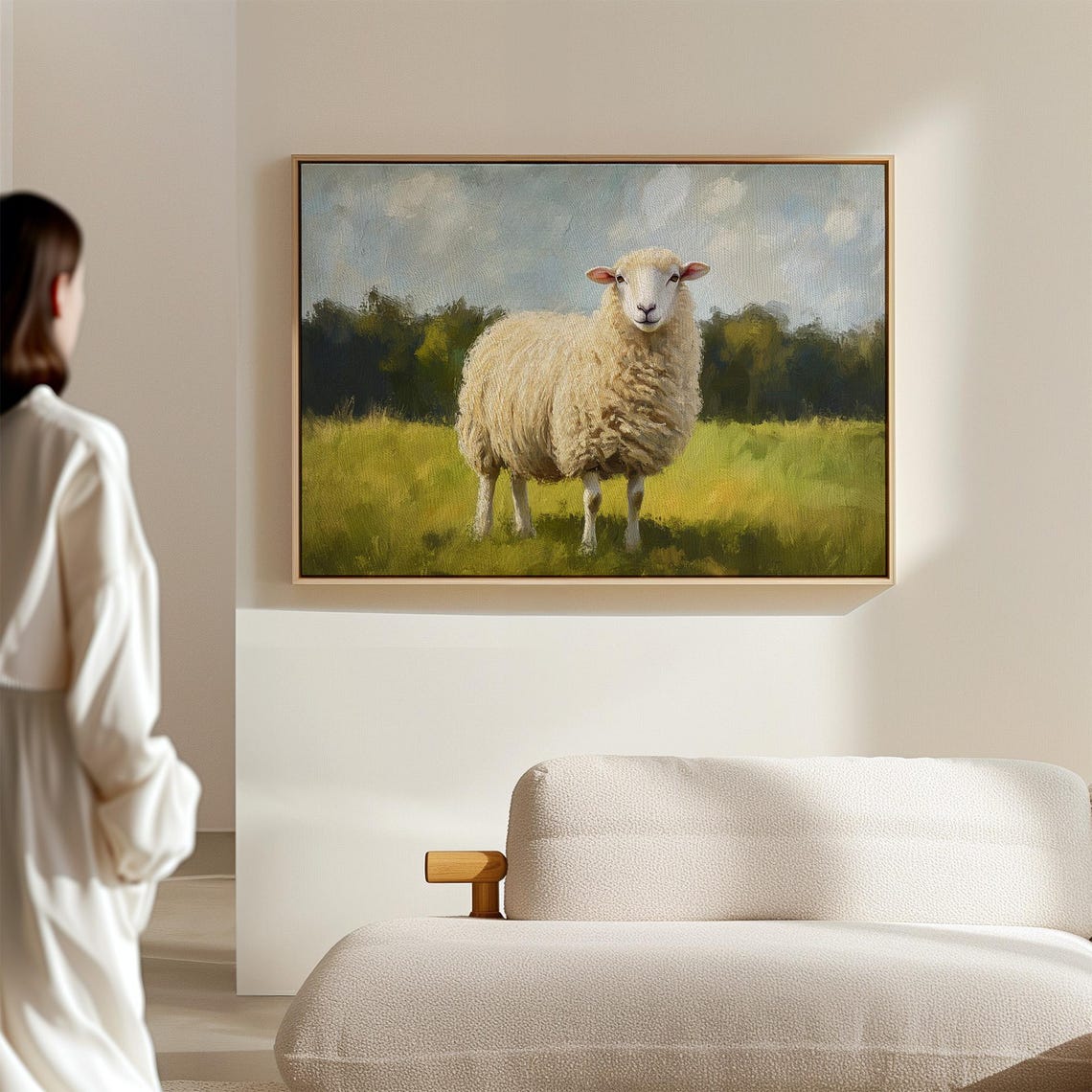 Fluffy White Sheep Smiling in Green Pasture Farm Painting Poster - Image 3