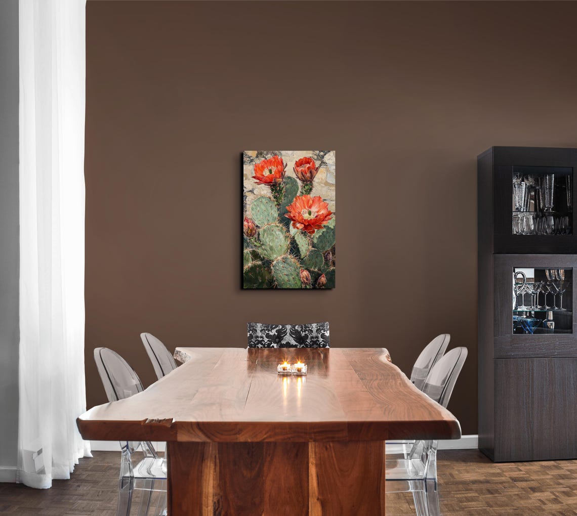 Prickly Pear Cactus Red Orange Blooms Stone Wall Desert Art Poster - Image 2