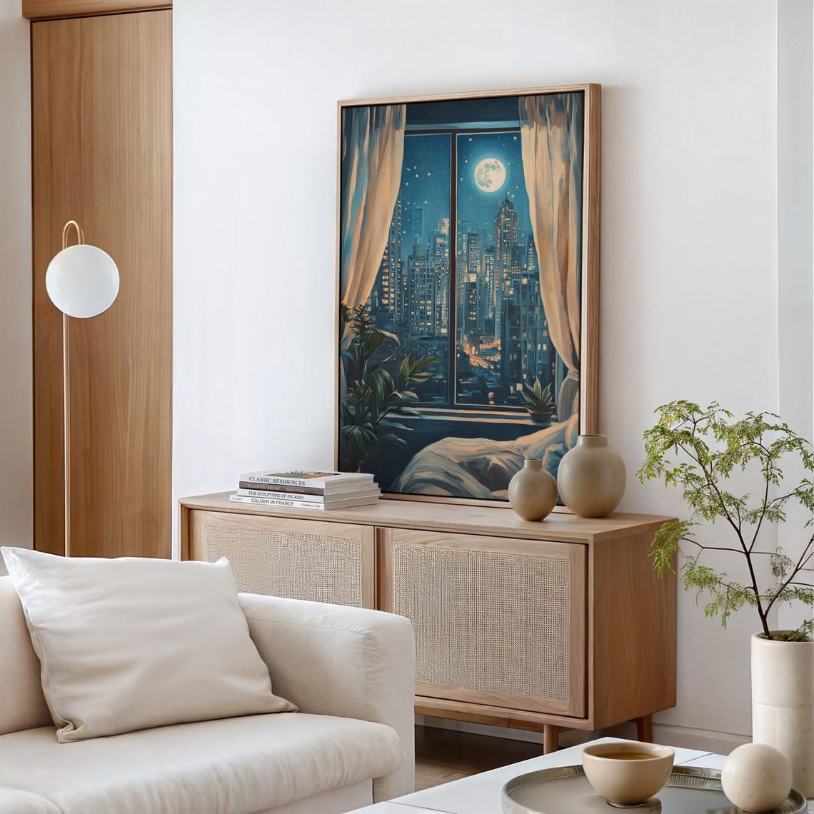 Moonlit City Skyline Night Window View Cozy Bedroom Decor Poster - Image 4