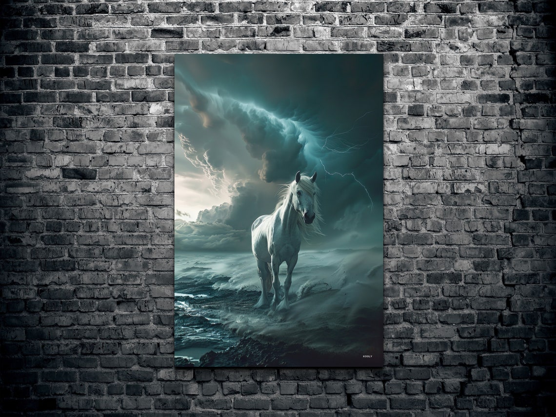 White Horse in Stormy Ocean Dramatic Lightning Seascape Poster - Image 2