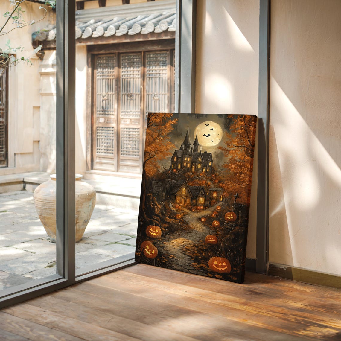 Haunted Halloween Village Jack O Lantern Path Full Moon Night Wall Art - Image 7