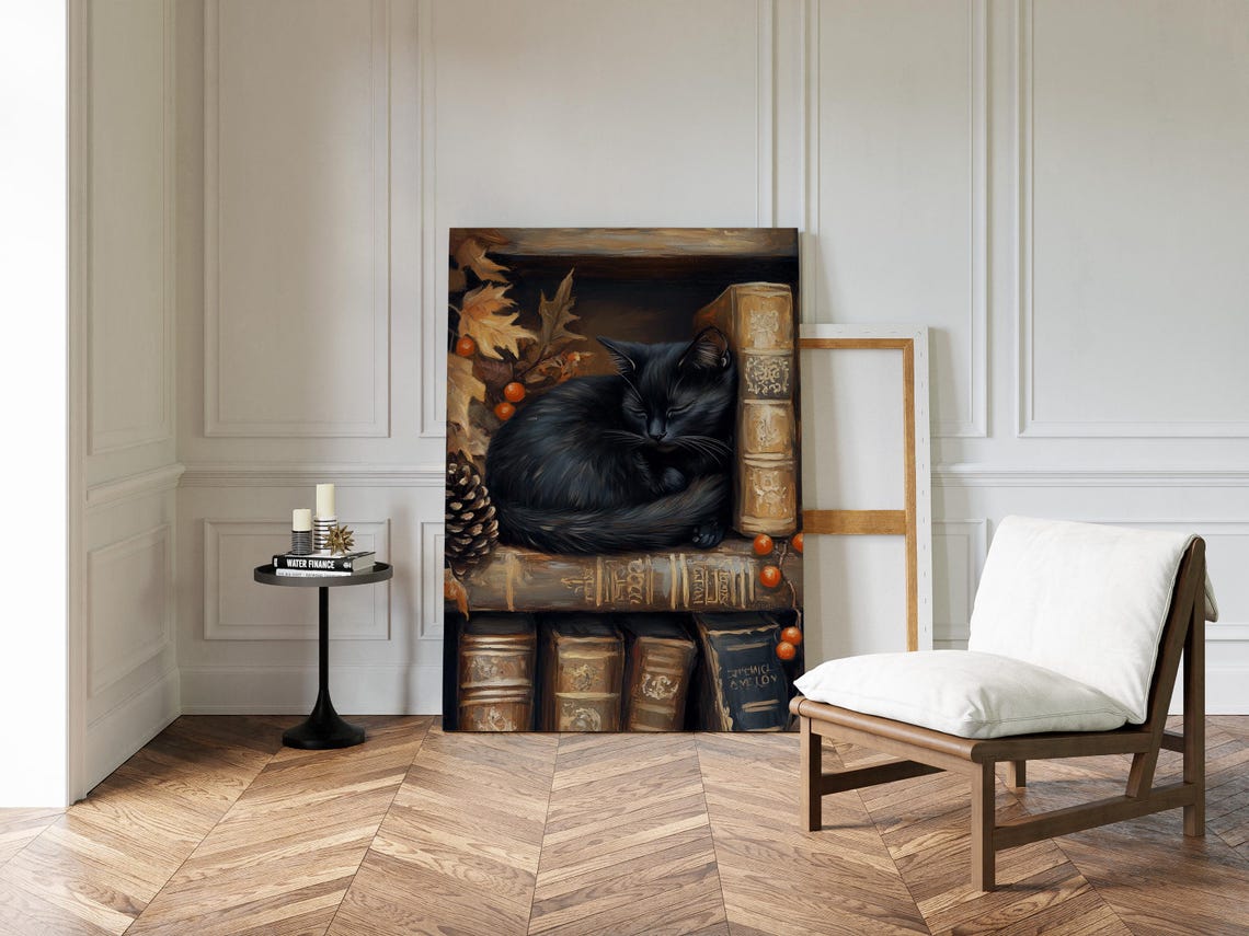 Black Cat Sleeping on Antique Books With Autumn Leaves Poster - Image 6