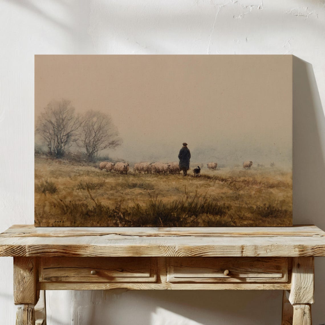 Pastoral Shepherd Scene Vintage Oil Painting Of Farmer With Sheep And Dog In Misty Meadow Rustic Countryside Farmhouse Wall Art