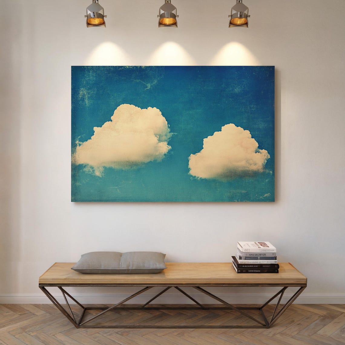 Two Fluffy White Clouds On Bright Blue Textured Sky Vintage Poster - Image 5
