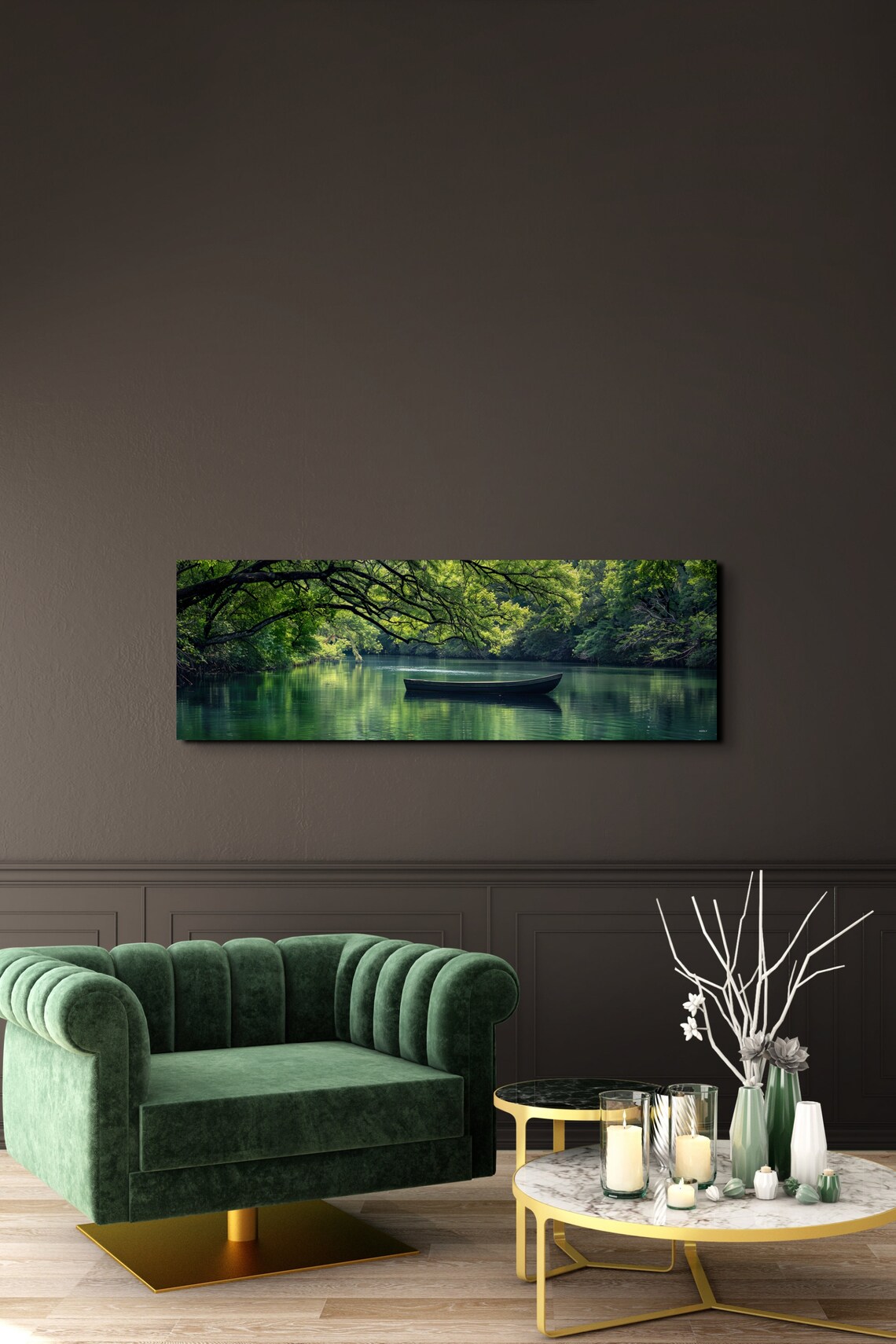 Lone Wooden Canoe On Calm Green River Under Overhanging Trees Poster - Image 4