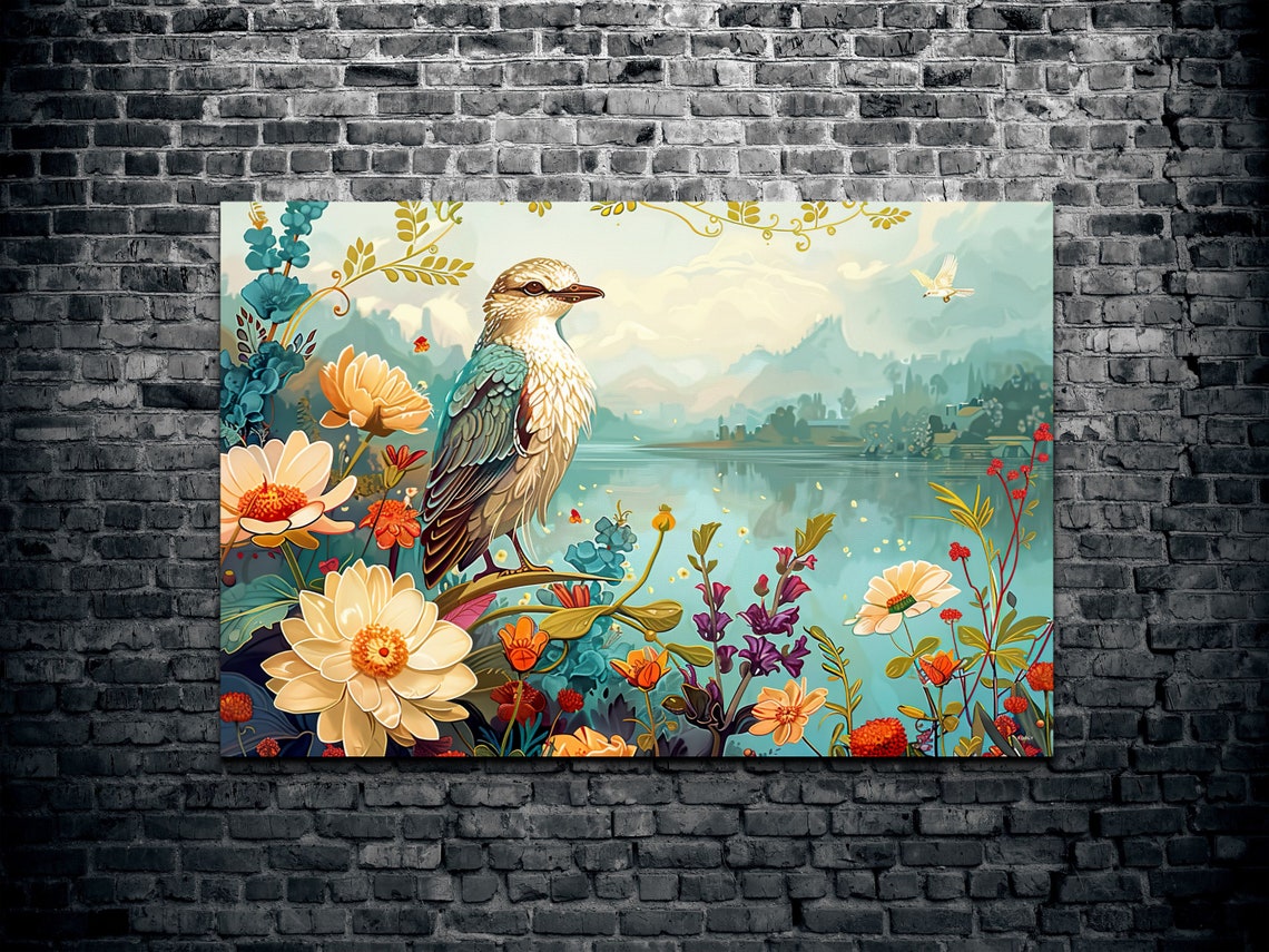 Songbird Perched Over Lakeside Wildflowers Botanical Bird Poster - Image 2