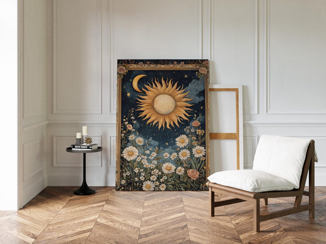 Vintage Sun And Moon Floral With Daisies And Roses Night Poster - Image 5