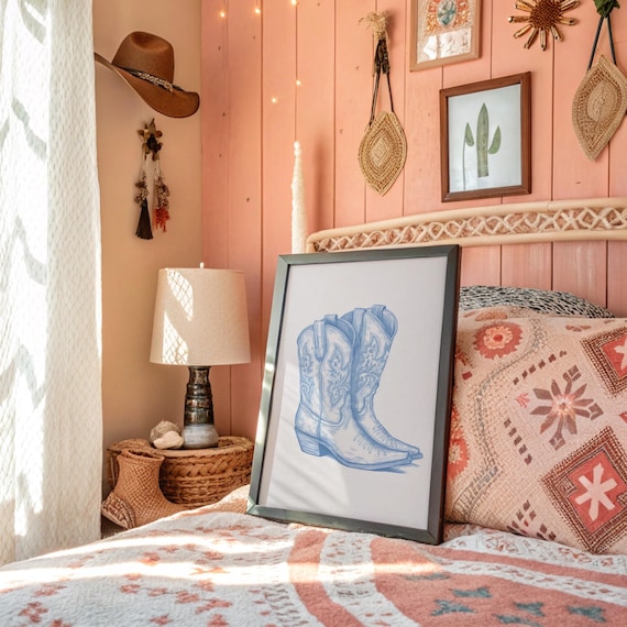 Light Blue Cowboy Boots Line Art Sketch Western Bedroom Poster